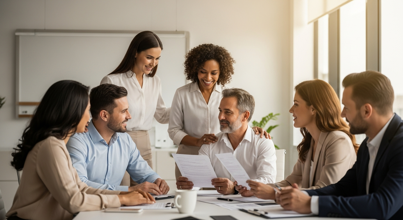 Corporate HR team collaborating on employee caregiver benefits