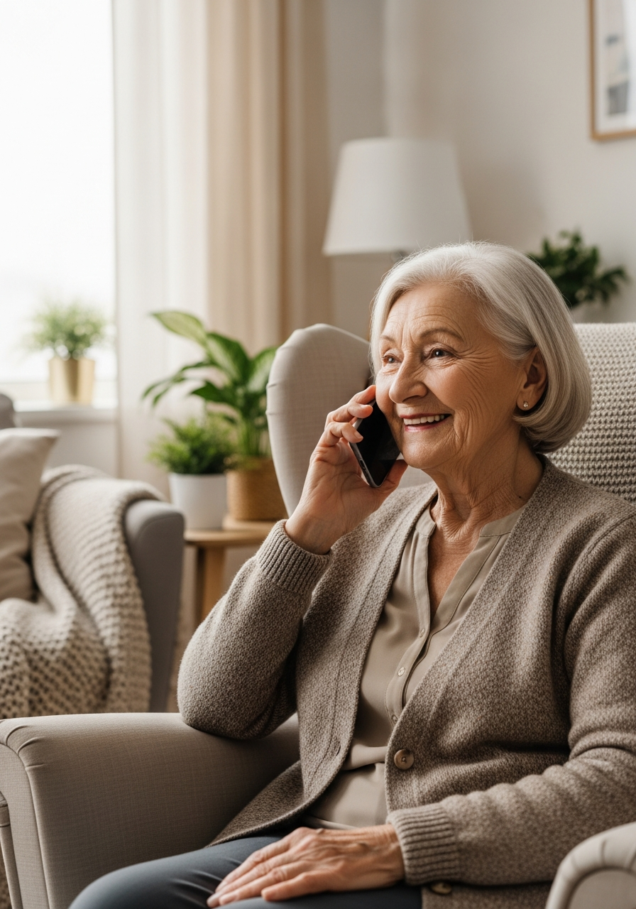 Elderly person comfortably receiving a voice check-in call