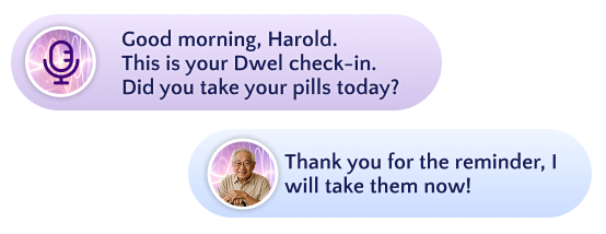 Voice check-in conversation interface showing a DWEL check-in call