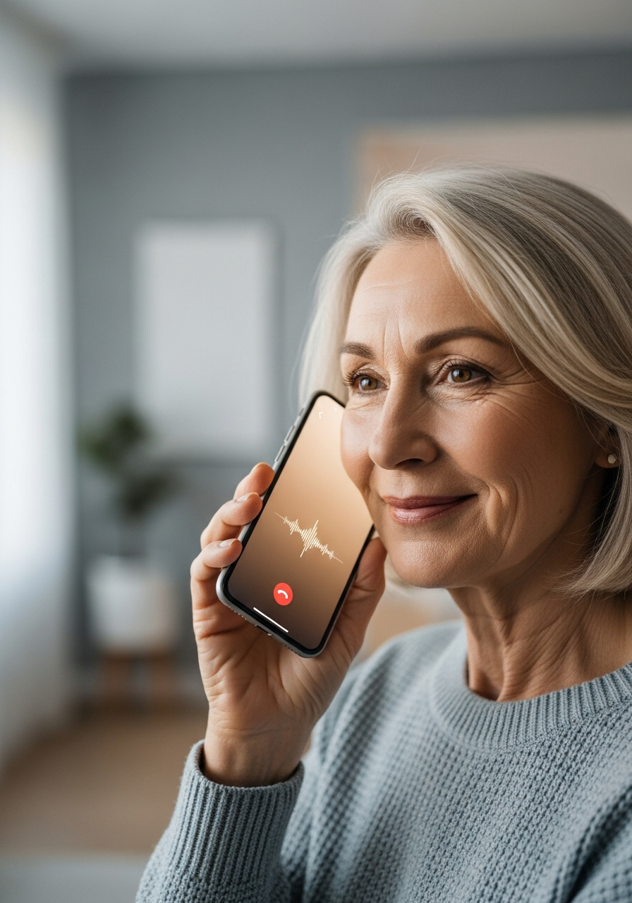 Senior using voice check-in technology on their phone
